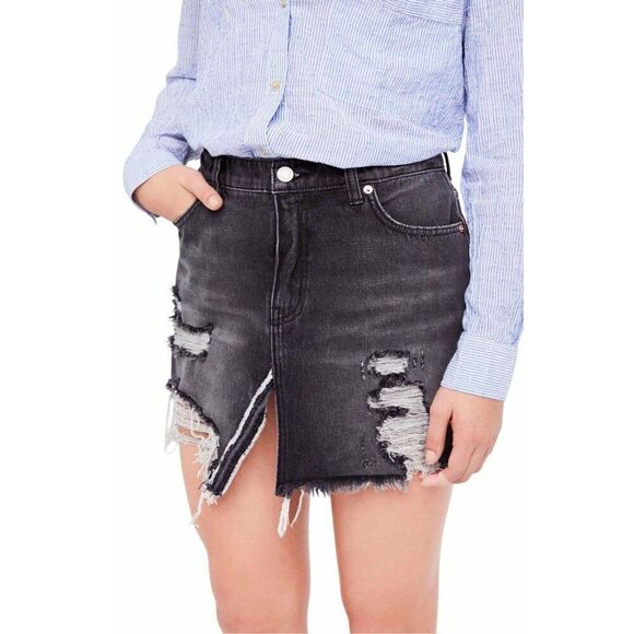 Free People Dresses & Skirts - FREE PEOPLE Distressed Black Denim Front Slit Jean Skirt 24‎ (00) NWT